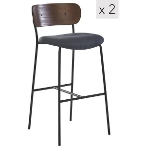 Set of 2 Bar Stools with Wooden Back and Gray Fabric, Modern Design Style ,Upholstery , Dining Room - 1 of 4