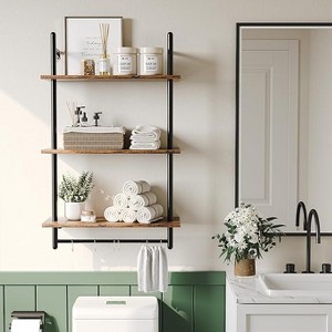 Bestier 38 inch Wall Mounted Floating Shelves with Towel Bar & Hooks Bookshelf in Rustic - 1 of 4