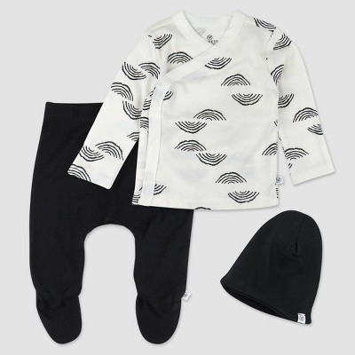 Image of Honest Baby 3pc Organic Cotton Rainbow Side Snap Top Footed Pant and Beanie Set - Black/White Newborn