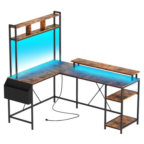 L Shaped Gaming Desk with Power Outlets & LED Lights, L- Shaped