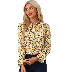 Allegra K Women's Floral Tie V Neck Chiffon Ruffle Trumpet Sleeve Blouse - 1 of 4