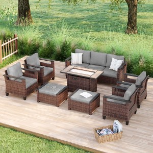 Sonkuki 8 Pieces Patio Sofa with Rectangle Fire Pit Table and Ottomans, Patio Conversation Couch with Cushion - 1 of 4