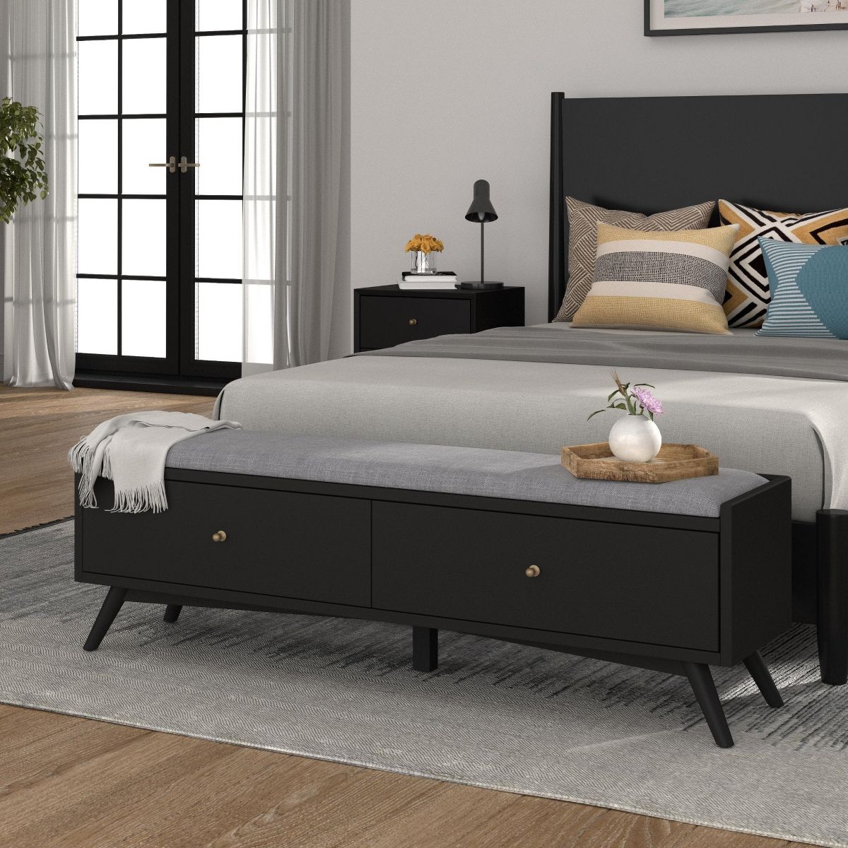 Flynn Mid-Century Upholstered Bench in Black | Alpine Furniture