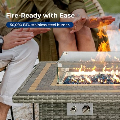 Brown Wicker Propane Gas Fire Pit Table with Tile Top