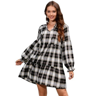 YESFASHION  Womens Tunic Dress Long Sleeve V Neck Tie 2025 Casual Loose Flowy Swing Shift Dresses Plaid Mini Dresses