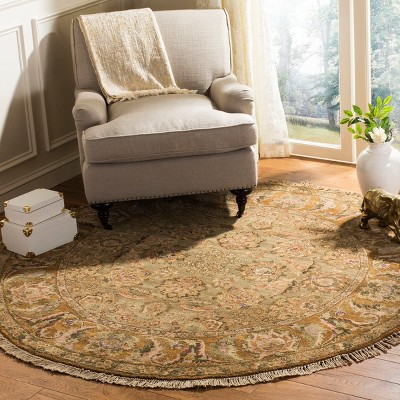Hand-Knotted Light Green and Gold Wool Round Area Rug
