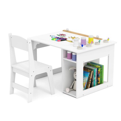 Infans Kid’s Art Table & Chair Set with Paper Roll 4 Paint Cups & 2 Storage Shelves