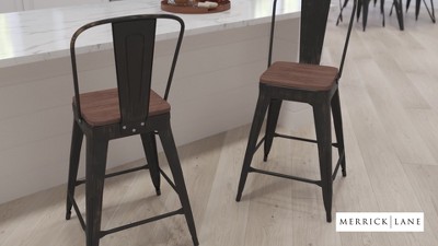 Silver Metal Counter Stool with Curved Slatted Back and Textured Wood Seat