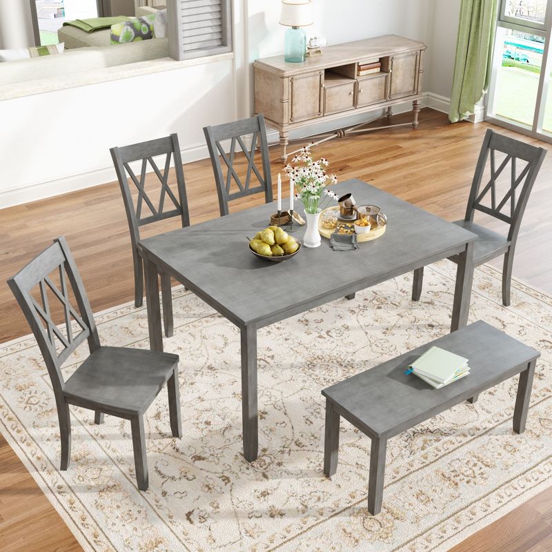 6-Piece Farmhouse Rustic Wooden Dining Table Set with 4 Cross Back Chairs and Bench - ModernLuxe, 3 of 11