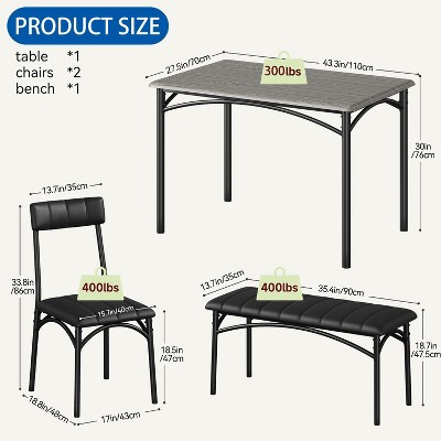 4-Piece Kitchen Dining Room Table Chair Set, Indoor Modern Dinette Set for 4 with Upholstered Bench and 2 Chairs, Square Dinner