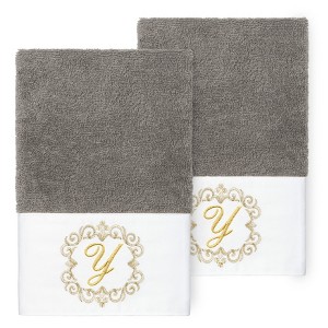 Linum Home Textiles 100% Turkish Cotton MONICA Gold Thread 2PC Embellished Hand Towel Set - 1 of 3