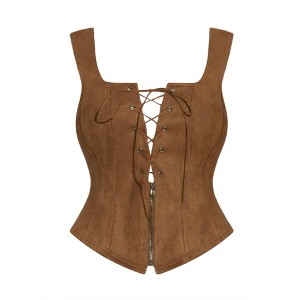 INSPIRE CHIC Women's Faux Suede Vintage Sleeveless Lace Up Zipper Decor Waistcoat Vests - 1 of 4