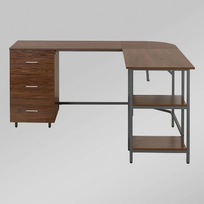 Rustic Walnut Wood Corner Gaming Desk with Drawer Storage