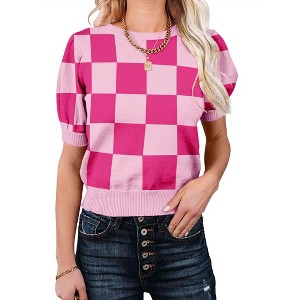 Women's Short Sleeve Sweater Tops 2025 Spring Summer Trendy Crew Neck Casual T Shirts Blouses,Pink Rose Plaid - 2XL - 1 of 4