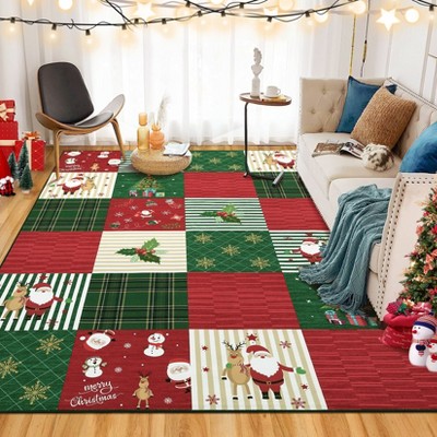 Washable Modern Xmas Patchwork Rug Non Slip Low Pile Rug Soft Christmas Floor Cover Foldable Indoor Carpet for Living Room Bedroom,Red Green/9'x12'