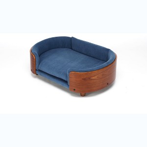 Scandinavian Style Medium-sized Dog Pet Sofa with Solid Wood Legs, Curved Walnut Wooden Back, Velvet Cushion in Dark Blue - 1 of 4