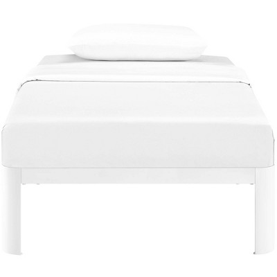 Sleek White Twin Metal Frame Bed with Wood Slats
