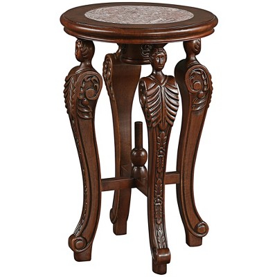Round Wood and Stone End Table with Marble Inlay