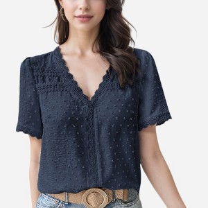 Anna-Kaci Women's Textured Lace Trim V-Neck Short Sleeve Blouse - 1 of 3