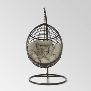 Layla Wicker Hanging Basket Chair Khaki - Christopher Knight Home: Outdoor Swing with Cushion & Steel Stand - 1 of 4