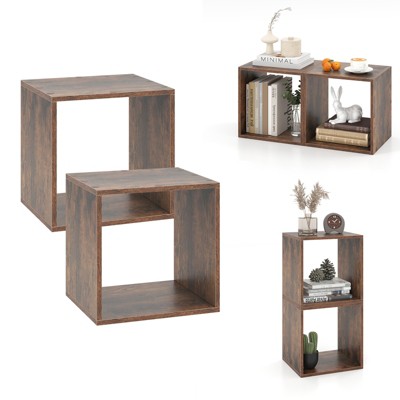 Tangkula 4 Cube Bookshelf Organizer 2-Tier Stackable Cube Storage Organizer Small Wooden Open Book Shelf with Anti-toppling Device Wood Rustic Brown
