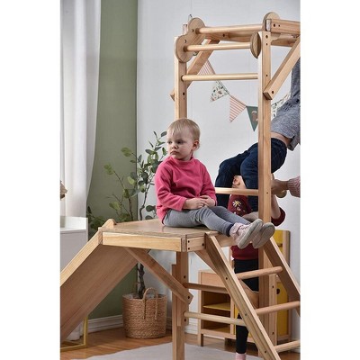 Natural Wood 8-in-1 Indoor Jungle Gym with Slide and Swing