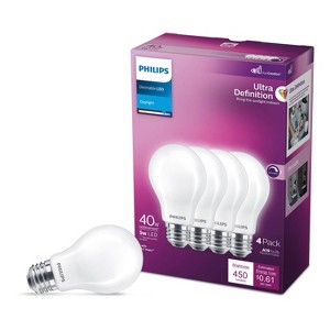 Philips UltraDef LED 40W Frosted Daylight A19 4P: Dimmable 450 Lumens, 5000K, Energy Star Certified, 13.7-Year Life, 4-Pack - 1 of 4