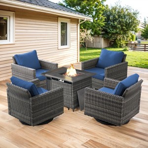 Buenhomino Patio Wicker Furniture Set with Fire Pit Table, PE Rattan Swivel Patio Chairs with Propane Fire Pit Table, 5 Pieces Patio Conversation Set - 1 of 4
