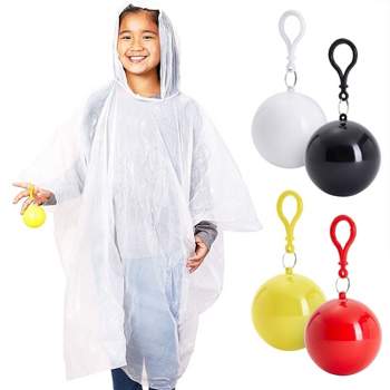 Juvale 4 Pack Disposable Rain Ponchos for Kids with Hood and Attachable Round Case, Clear Plastic Raincoats for Emergency, Girls, Boys, White
