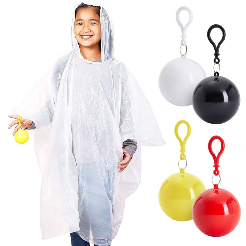 Juvale 4 Pack Disposable Rain Ponchos for Kids with Hood and Attachable Round Case, Clear Plastic Raincoats for Emergency, Girls, Boys, White, 1 of 9