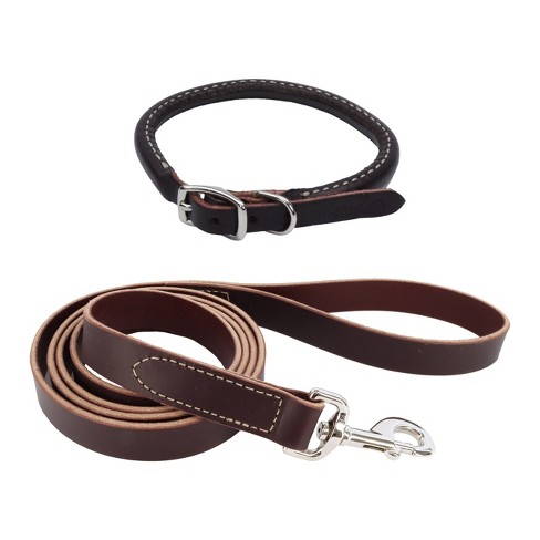 Circle T by Coastal Pet - Latigo Leather Twist Dog Leash with Brass Hardware (6') & Latigo Leather Round Dog Collar (3/8" x 14") - image 1 of 3