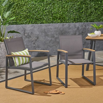 Aubrey Gray Aluminum Outdoor Dining Chairs with Faux Wood Accents, Set of 2