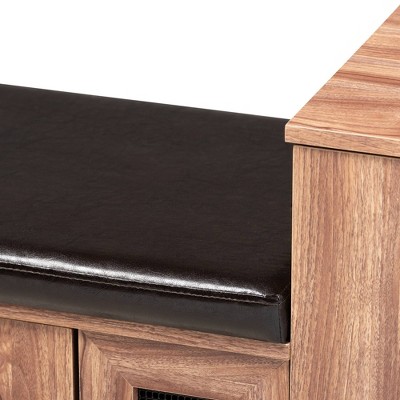 Dark Brown Faux Leather Oak Storage Bench with Cabinet