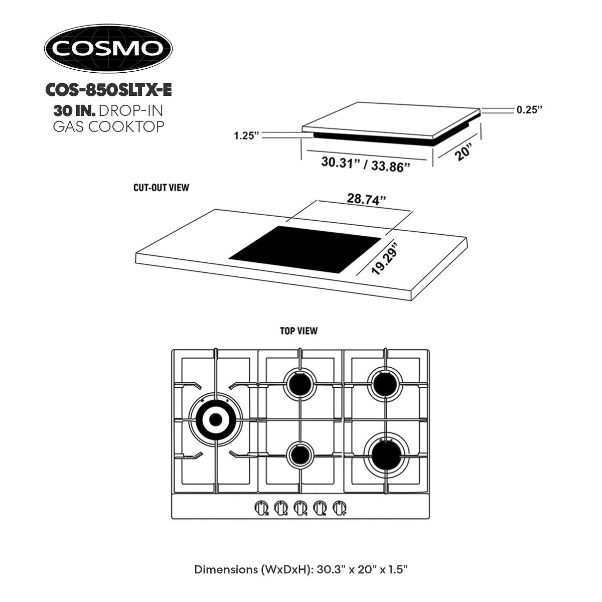 Cosmo COS-850SLTX-E 30 in. Gas Cooktop in Stainless Steel with 5 Sealed Brass Burners - thumbnail 8