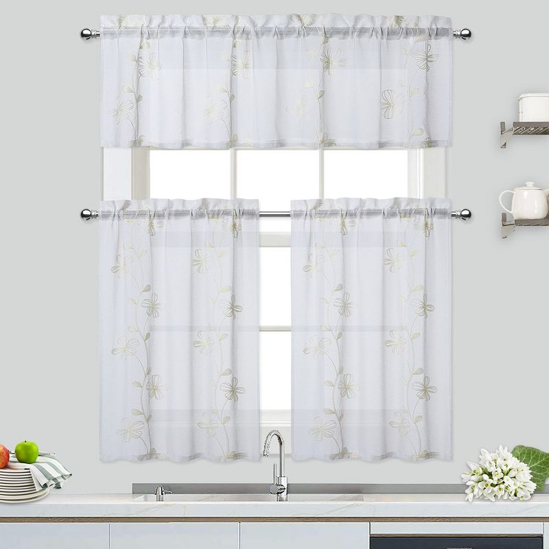 Floral Embroidered Voile Sheer Short Kitchen Curtains for Small Windows Bathroom, 5 of 6