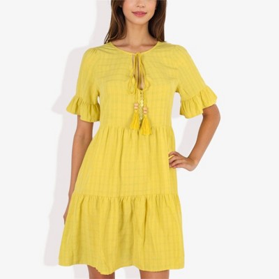 Anna-Kaci Women's Ruffle Sleeve Tiered Dress With Button And Tassel Detail for Casual Looks