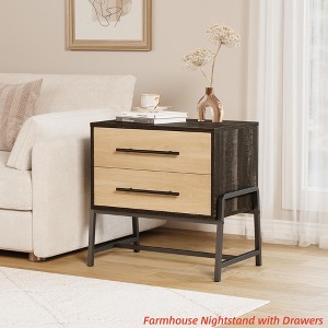Nightstand w/ Drawers Light Wood Bedside Table, Wide Side Table w/ Metal Legs, Modern Night Stand Bed Side Tables for Bedroom Living Room - 1 of 4
