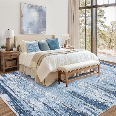 Modern Abstract 10x13 Blue Washable Rug, Non-Slip Stain-Resistant Low Pile Carpet for Living Room, Bedroom, or Office High Traffic Decor