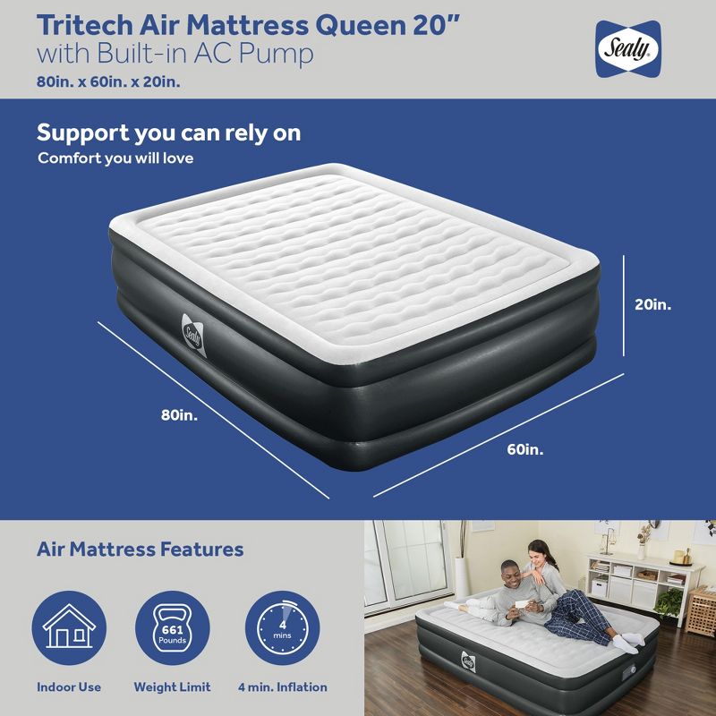 Sealy Tritech Inflatable Indoor or Outdoor Air Mattress Bed 20" Airbed with Built-In AC Pump, Storage Bag, and Repair Patch, 3 of 8