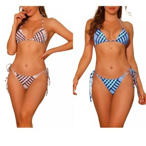 INSPIRE CHIC Women's Triangle Halter High Cut Tie Side Plaid Print String Bikini Swimsuits Bathing Suits 2 Sets - 1 of 4