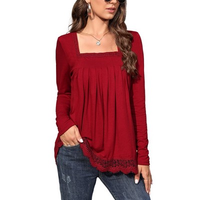 Long Sleeve Tunic Tops for Women Plus Size Square Neck T Shirt Solid Color Fall Lace Blouse