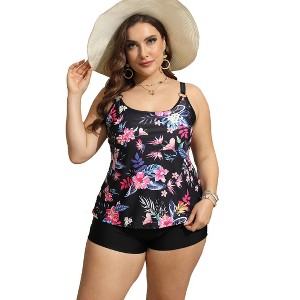 Womens Plus Size Tankini Swimsuit Two Piece Floral Print Tummy Control Bathing Suit Blouson Tankini Top with Shorts - 1 of 4