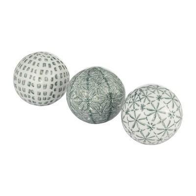 Set of 3 Green and White Ceramic Decorative Orbs