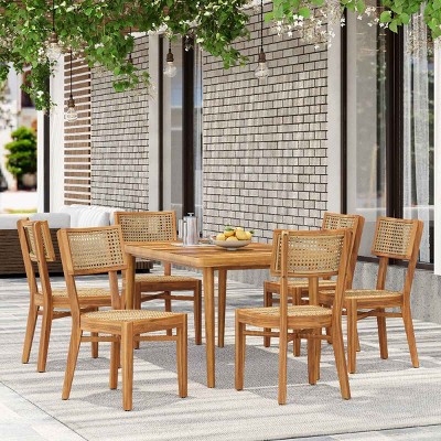 Outdoor Rustic Style 7 PCS Dining Set, Plastic Rattan Weaving Chairs and Dining Table, Dining Chairs with Acacia Wood Frame-Coolbibila