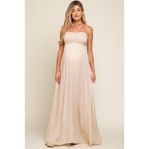PinkBlush Beige Smocked Halter Maternity Maxi Dress - 1 of 4