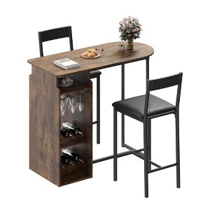 Bar Table and Chairs Set for 2, Space-Saving Dining Table with Triple-Tier Wine Rack and Glass Holder, for Kitchen, Dining Room or Home Bar, Brown - 1 of 4