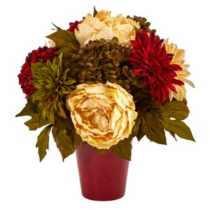 Nearly Natural 14-in Peony, Hydrangea and Dahlia Artificial Arrangement in Burgundy Vase - 1 of 3