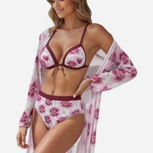 Anna-Kaci Swim Women's 3 Piece Floral Print Swimsuit Set with High Waist Bikini Bottoms Tie Front Top and Cover Up - 1 of 4
