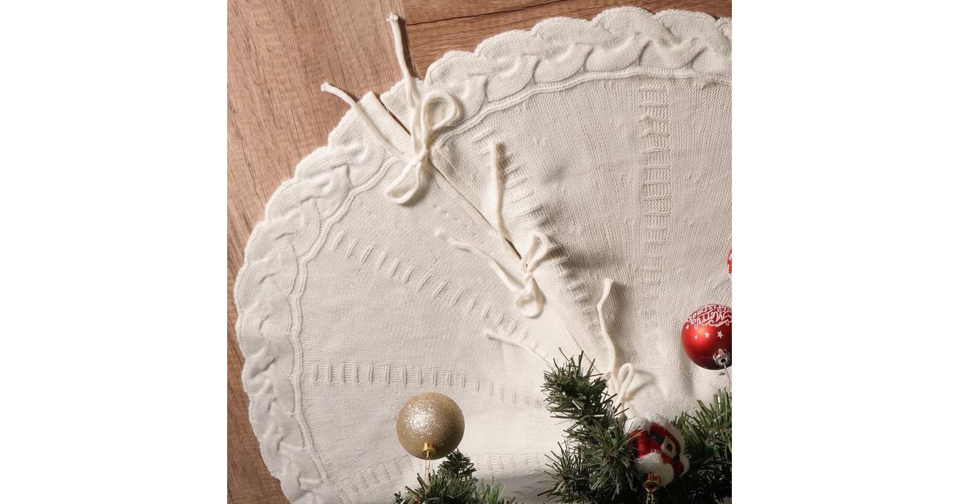 Swtroom 48-Inch White Cable Knit Christmas Tree Skirt - Cozy Rustic Farmhouse Decor for Hearth, Xmas Tree Collar & Holiday Parties