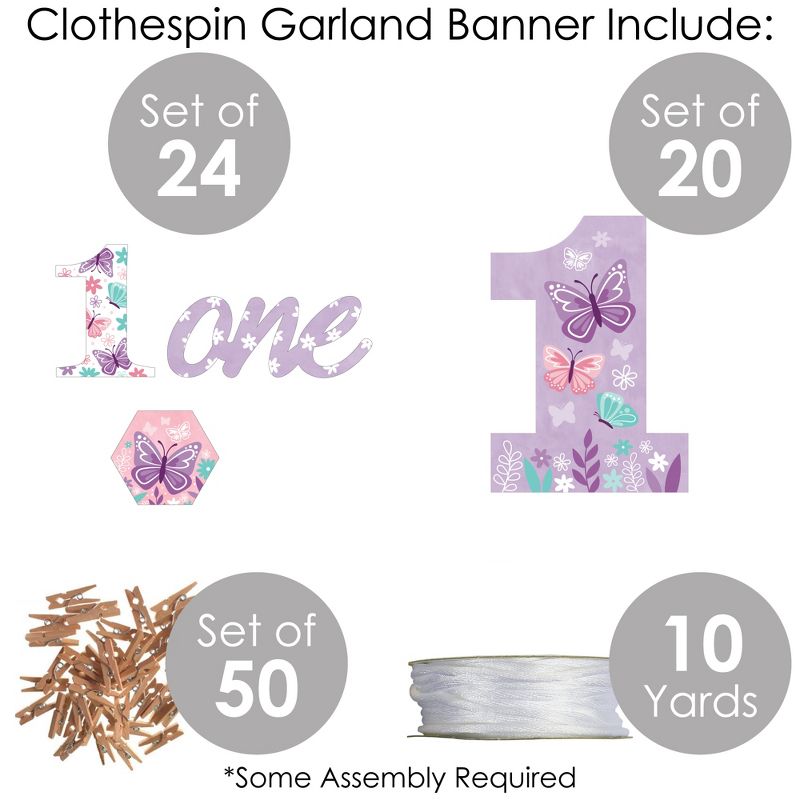 Big Dot of Happiness 1st Birthday Beautiful Butterfly - Floral First Birthday Party DIY Decorations - Clothespin Garland Banner - 44 Pieces, 4 of 7